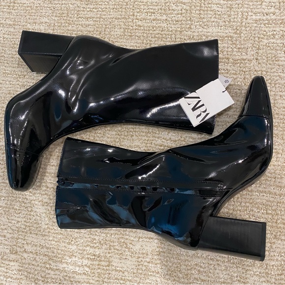 Zara NWT Black Patent Leather Ankle Boots side zip size 12 - Picture 1 of 6